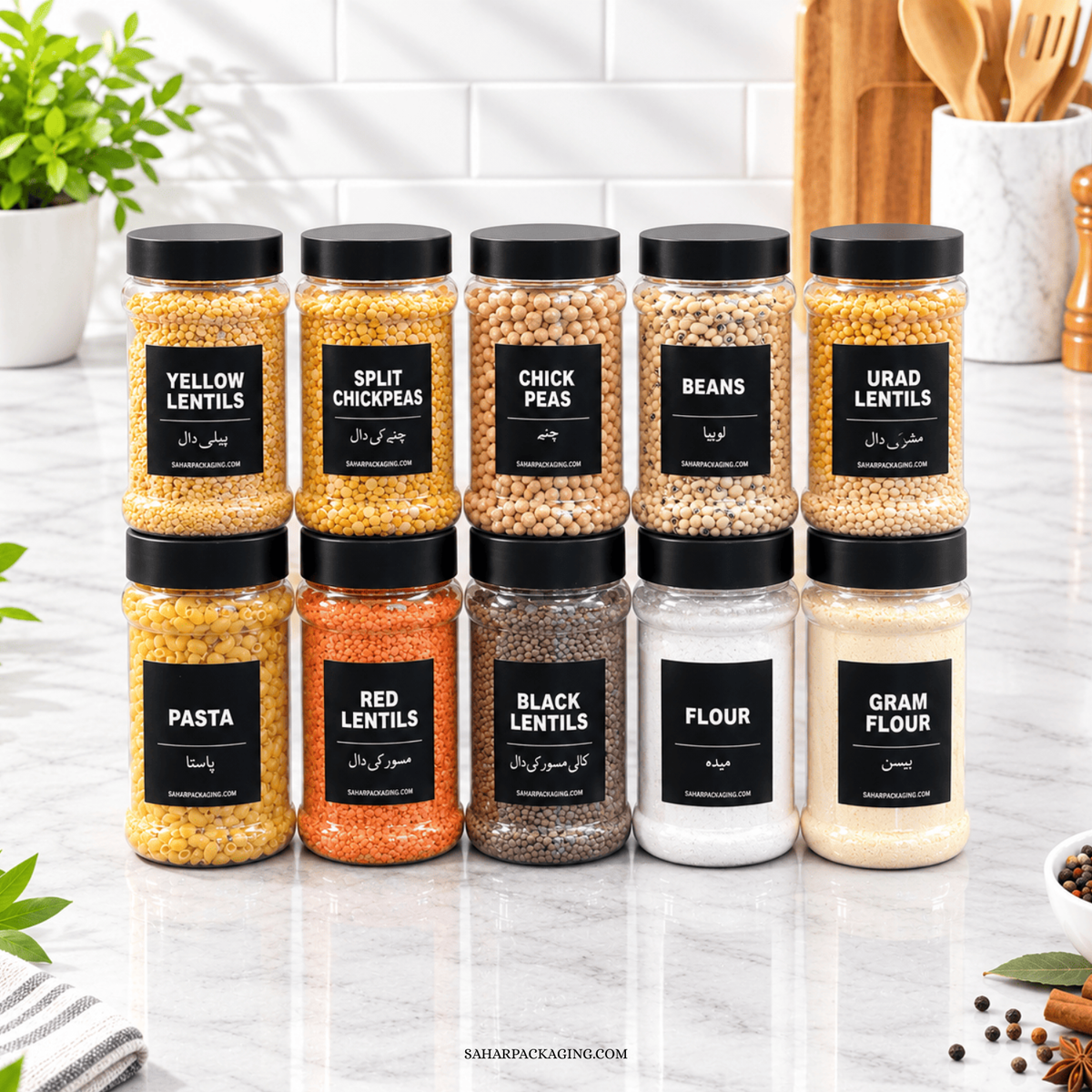 20-Piece Kitchen Storage Jar Set (650ml & 420ml) with Stickers & 20 Spoons